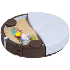 47 Round Kids Sandbox With Cover, 3 Seats, Waterproof Bottom Liner, For Backyard, Lawn, Garden, Beach, Patio, Brown (Option: Brown)