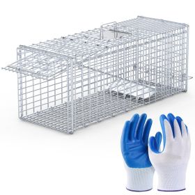 1Pc Live Animal Trap Cage 37x14x15in Folding Catch And Release Humane Cat Trap Galvanized Iron For Raccoons Foxes Coyotes Stray Dogs Armadillos S (Option: Silver)